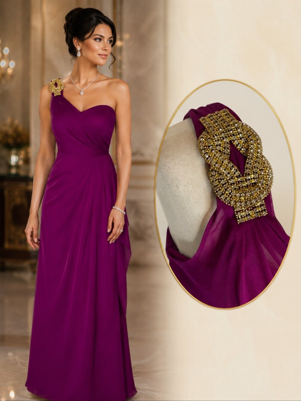 Xscape One-Shoulder Fuchsia Evening Gown with Embellished Shoulder Chiffon Sz XS
